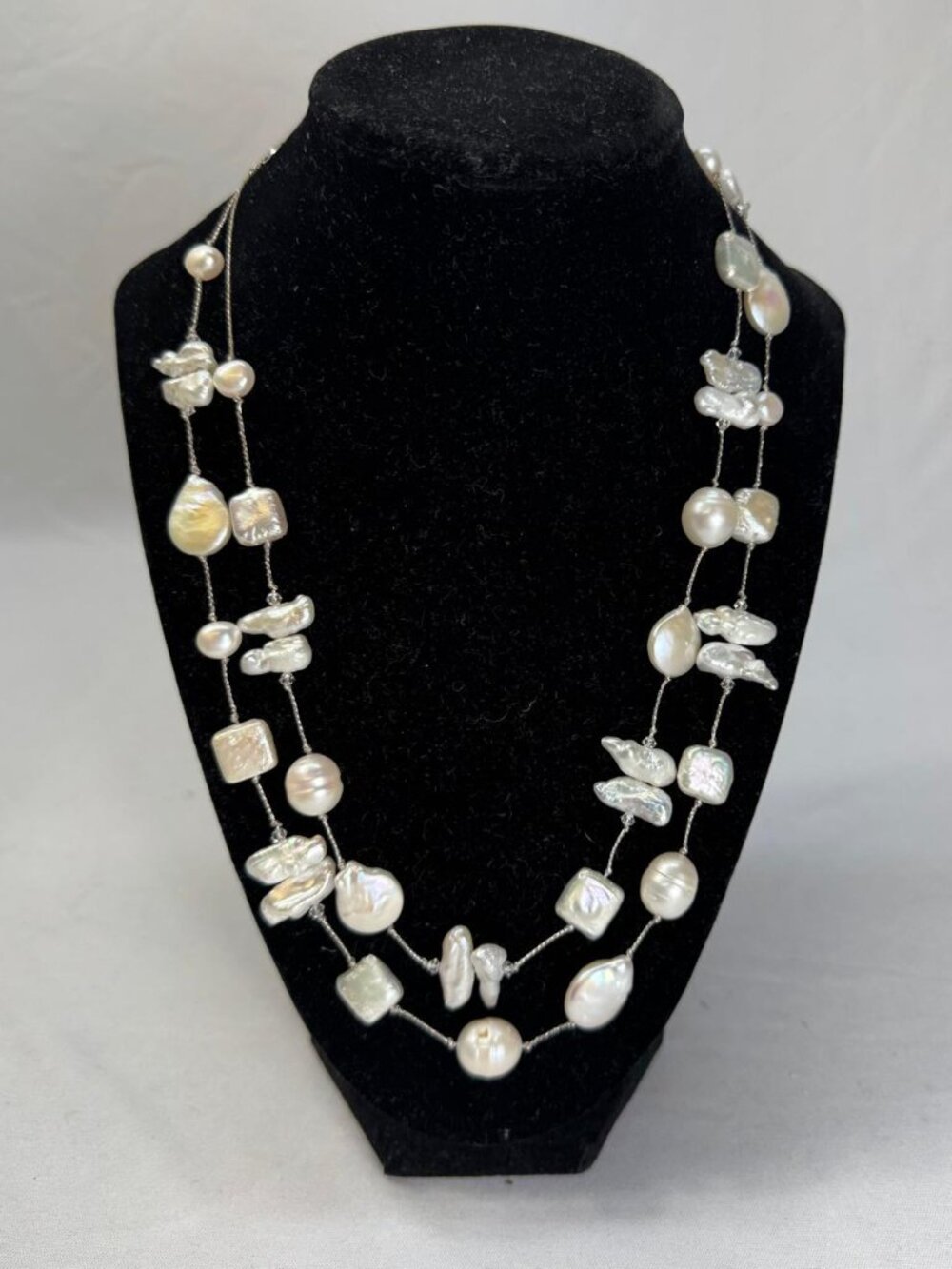 HazelGisele Sterling Silver Double Strand White Baroque Keshi Pearl Necklace